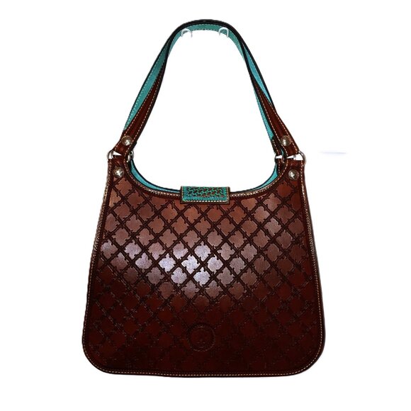 SILVERTIP Hobo Satchel Tooled Leather Saddle Brown and Turquoise Blue and Silver - Picture 2 of 12